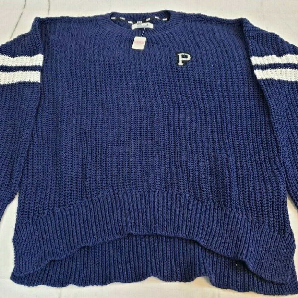 NWT VS Pink Boyfriend Cable Knit Sweater Blue